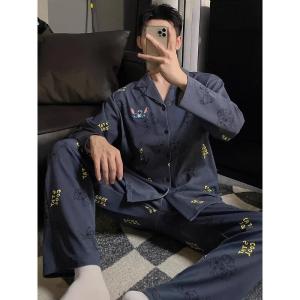 Anime Stitch Couples Pajamas Cartoon Spring New Cotton Lapel Long-Sleeved Mens Womens Pajamas Cartoon Casual Loungewear Set