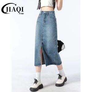 JIAQI กระโปรงยีนส์ยาว เอวสูงเก็บทรง ผ่าข้าง แต่งรุ่ย สไตส์เกาหลี ผู้หญิง เสื้อผ้าผู้หญิง XS-2XL