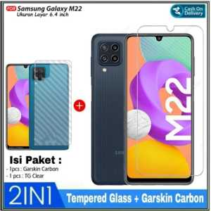 PAKET 2IN1 Tempered Glass Samsung M32 4G / M22 4G Free Garskin Carbon Skin Back Protector Promo Pengiriman Cepat PROMO BISA COD DI ROMAN ACC