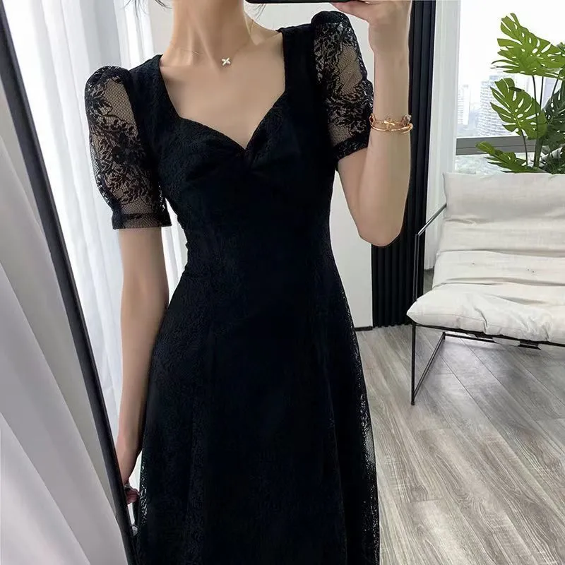 New Lace Black Dress French Vintage Hepburn Style Waist Enhancing Figure Flattering Maxi Dress Lazada PH