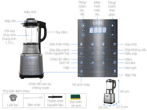 Máy làm sữa hạt Unie V8S công suất 1800W dung tích 1.75L cối thủy tinh 5 lớp chịu nhiệt lưỡi dao 8 cánh từ inox 304 xay nhuyễn mịn chức năng thông báo bằng giọng nói Tiếng việt