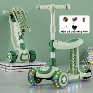Xe chòi chân trượt scooter cho bé có đèn có nhạc thiết kế cao cấp chắc chắn hai màu hồng và xanh MK23-025