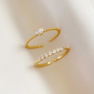 2pcs Gold Couple Ring Love Heart Zircon Ring Versatile Love Ring Adjustable Ring Promise Love Gift