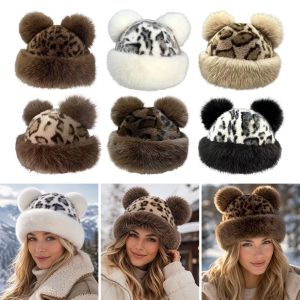 FLYING With Ear Lovely Womens Cap 6 Colors Leopard Print Womens Winter Hat  Warm Fluffy Faux Fur Bucket Hat