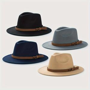 Fashion Womens Autumn and Winter Bowler Hat Large Brim Hat Belt Tweed Hat