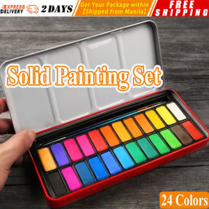 24 Colors Portable Travel Solid Pigment Watercolor Paints Set With Water Color Brush Pen For Painting Art Supplies Solid Watercolor Paint Set