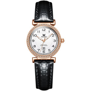OLEVS 5590 Women Quartz Fashion Watch Gift Round-dial Genuine Leather Watchband Wristwatch Calendar