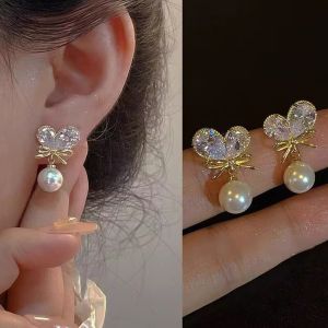 good 999 Fashionable bow zircon tassel pearl elegant earrings ES64830