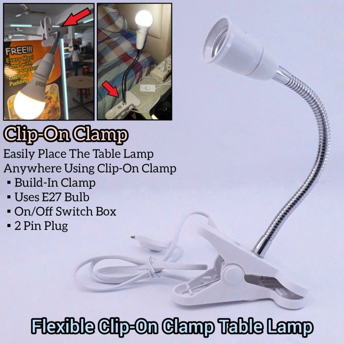 Adjustable Clip-on Clamp Flexible Wire Table Lamp Holder E27 With ON