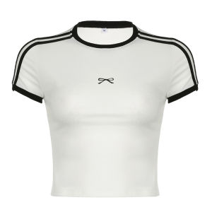 🦋VEVE เสื้อแฟชั่นผญๆ เสื้อยืดแขนสั้นปักหมุดสีตัดกันด้านบนแขนสั้นแขนสั้นผู้หญิง