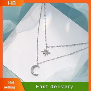 HB Fashion Simple Double Layer Star Moon Pendant Necklace Light Luxury Inlaid Diamond Clavicle Chain For Women Fashion Jewelry