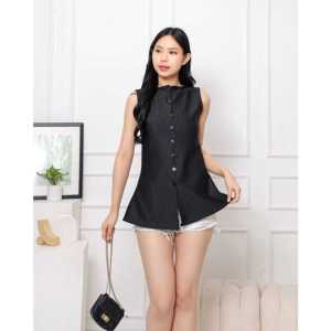 Blouse Wanita Kantor Korean Style Tanpa Lengan – Atasan Hitam Garis Elegan