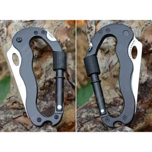 Móc Dao Đa Năng 5in1 Gấp Gọn – Móc Carabiner EDC Đen Phối Bạc Có Dao Răng Cưa Đầu Vít Mở Nắp
