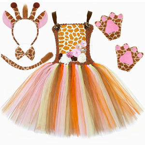 11.11 Safari Themed Giraffe Mesh Tutu Gown with Floral Ornaments Ideal for Jungle Parade Tropical Nature Inspired Photoshoot Costume h2610