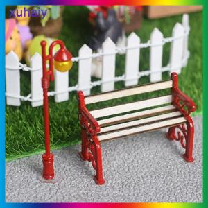 xuhaiy 2Pcs set 1:12 Dollhouse Miniature Wooden Park Bench Street Lamp Suit Fairy Garden Ornaments Outdoor Furniture Model Decor Toys