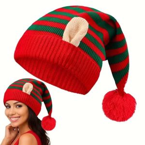 OEUVR Warm Christmas Beanie Knitted Contrast Color Pointed Pom Bonnet Xmas Costume Headpiece Novelty Funny Party Headwear Adults