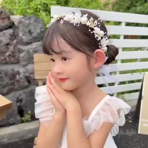 Flower Lace Crown Kids Girl Cute Pearl Ribbon Headband Pengantin Crown Kids Lace Garland Crown Hair Accessories