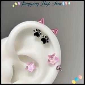 【Jumpping】 ต่างหูเจาะห่วงโซ่เพทายสีแดงสำหรับผู้หญิงผู้ชายเครื่องประดับ Y2K ต่างหูหมุดสีเงินแบบกอธิค