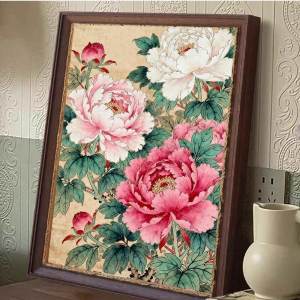 Traditional Chinese Full Embroidery 5D Diamond Painting DIY Peony Decorative Art Craft for Home Wall Decor with Round Drill Crystal Rhinestone Embroidery Kit
