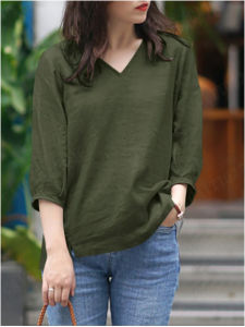 Womens Cotton Linen V Neck Hem Shirt Long Sleeve T-Shirt