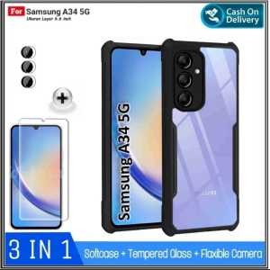 Paket 3in 1 Soft Case Samsung Galaxy A02s / A54 5G / A34 5G / A23 5G Soft Hard Free Tempered Glass Dan Camera