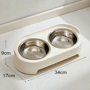 Meilovmao Pet Double Bowl Stainless Steel 2 in 1 Cat Food Dog Water Dish Large Neck Protection Feeding Mangkuk Anjing