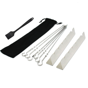 Steel BBQ Kabob Skewers and Holder Rack Outdoor Grilling Tool With Storage Pouches and Silicones Basting Brush 10Pcs Set