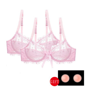 2 ชิ้น บราผู้หญิงโปร่งใส เซ็กซี่ ชุดชั้นในขนาดใหญ่ D E คัพ บางเฉียบ ยกทรงลูกไม้ตาข่ายปัก