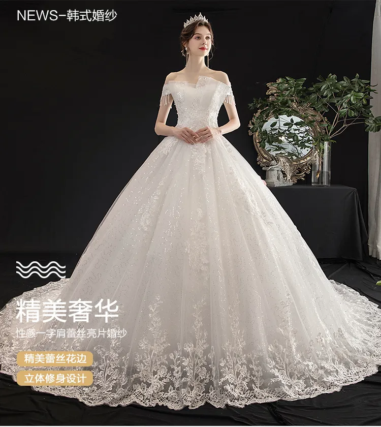 The new 2019 bride s luxurious high quality simple and slim wedding dress is a one shoulder with long tail gown in the wedding shine wedding dress Lazada PH