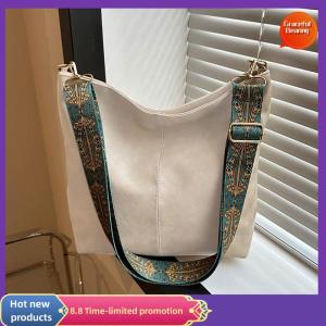 Graceful Vintage Solid Color Women Fashion Shoulder Sling Bag High-Capacity Simple Wide Strap Bucket Crossbody Bag