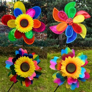 MIRELINA Double-layered Rainbow Sunflower Windmill Multistyles PVC Garden Yard Wind Spinner High Quality Diameter 32/38/40cm Glitter Rotating Sunflower Outdoor Party Picnic Decor