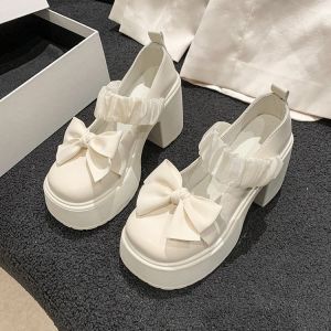 IELGY Bow Mary Jane High Heels Female 2024 Sweet 8cm Hottie Block Heel Thick Sole