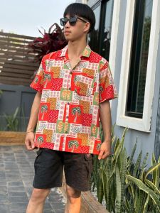 เสื้อเชิ้ตฮาวาย วินเทจ ผ้าไหมอิตาลี เสื้อสงกรานต์ เสื้อลายดอก สงกรานต์ เล่นน้ำ ทะเล F58