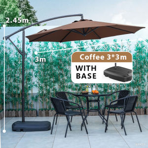 3M Outdoor Cantilever Patio Umbrella with Base Stand Waterproof UV Resistant Windproof Garden Banana Parasol Sunshade for Patio Pool Yard