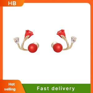HB Red Flower Tulip Earings Jewelry Imitation Pearl Elegant Sweet Lovely Earrings For Korean Women Gifts Earrings Wedding Jewelry