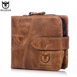 BULLCAPTAIN Original Genuine Cow Leather Men Wallet Trifold Hasp Zipper Short Cluth Money Purse Bag Card Holder Coin Pocket dompet lelaki kulit beg duit