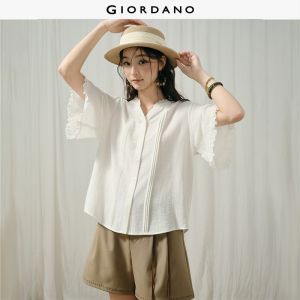 Giordano Women Lace trim notch neck 1/2 sleeve blouse Free Shipping 18346517