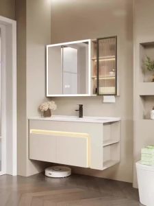 Ultra Narrow Small Space Honeycomb Aluminum Bathroom Vanity with Side Storage Ceramic Integrated Wash Basin