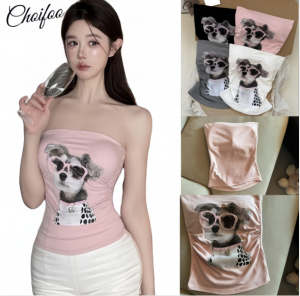 ChoiFoo New Womens Camisole Vest With Chest Cushion Cute Puppy Printed Vest Top Slim Fit Short Spicy Girl Top Strapless Vest Summer Cool And Breathable Thin Top