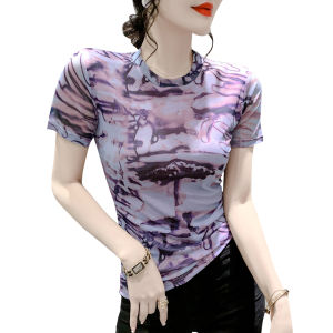 Rehin Áo thun nữ áo sơ mi cổ tròn tay ngắn in độc đáo lưới thời trang mùa hè mới phong cách Châu Âu Áo S-3XL dáng ôm phong cách