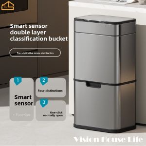 Vision 40L/50L Intelligent Induction Trash Can Automatic Stainless Steel Garbage Can with Cover Kitchen Smart Motion Sensor Trash Bin Household Classification Garbage Bin Large Capacity Double-layer Dry Wet SeparationWaste Bin