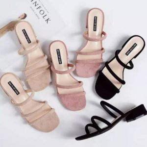 Sandal flat hak heels tahu rendah 3cm tali 3 teplek hak chunky pesta kondangan kasual fashion cewe remaja dewasa anti slip terbaru