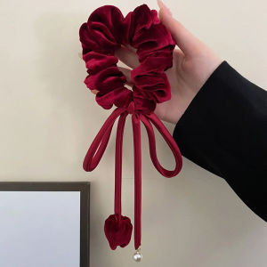 Dây buộc tóc nhung phối dây hoa tuylip đính hạt ngọc Dây cột tóc scrunchies vải nhung lụa tiểu thư
