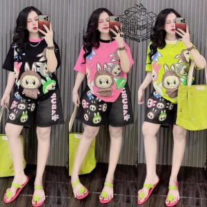 Casual Sets Terno for Women Korean Fashion Summer New Cartoon Print Short Sleeve Short Wide Leg Pants Sports Black/Pink/Green