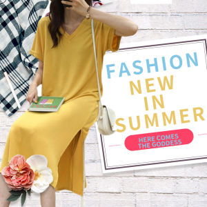 เดรสคอวีสีพื้น🎉 สุดสวยใส่สบายมากทรงยาวมงต้องลงแล้ว 🌤 QXshop