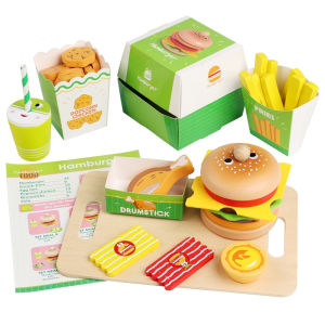 [SG Stock] Wooden Pretend Play Fast Food Set Kids Burger Fries Popcorn Drink Toy Role Play Kitchen Educational Gift