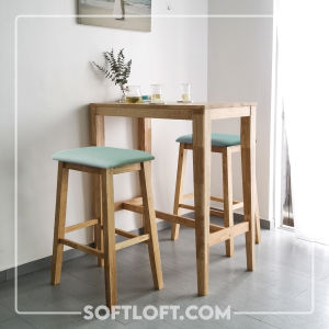 Softloft (1+2) BTS Bar Table 90CM + 2 Peter Stool Set Make From 100 % Solid Rubber Wood Simple Design Tall Desk High Island Chair Scandinavian
