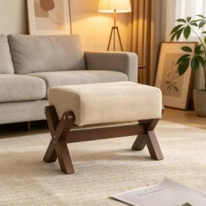Singapore Spot Market Stackable Wooden Foot Stool with Linen Cushion - Stable X-Leg Ottoman for Extra Seating