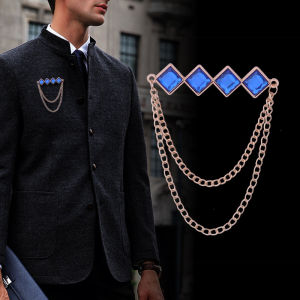 1Pc New High End Mens Geometric Square Straight Drainage Rhinestone Brooch Personalized Tassel Chain Brooches Accessory