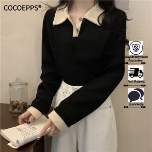Áo thun lông cừu cocoepps cho nữ áo dài tay cổ chữ V mùa thu bó sát phong cách Hàn Quốc